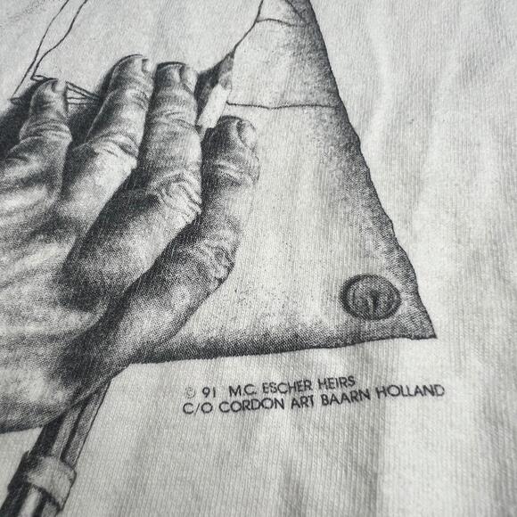 Vintage M.C. Escher Art T Shirt Soft Tee USA Made White Graphic Mens L 1991 90s - Picture 8 of 12